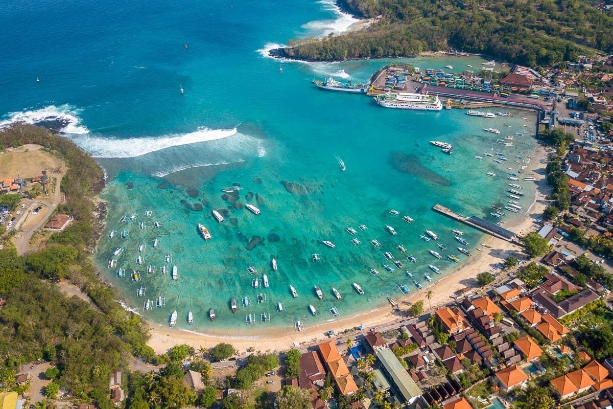 Aerial : Padang Bai Port area,popular destination to Nusa Dua island,Bali island,Indonesia