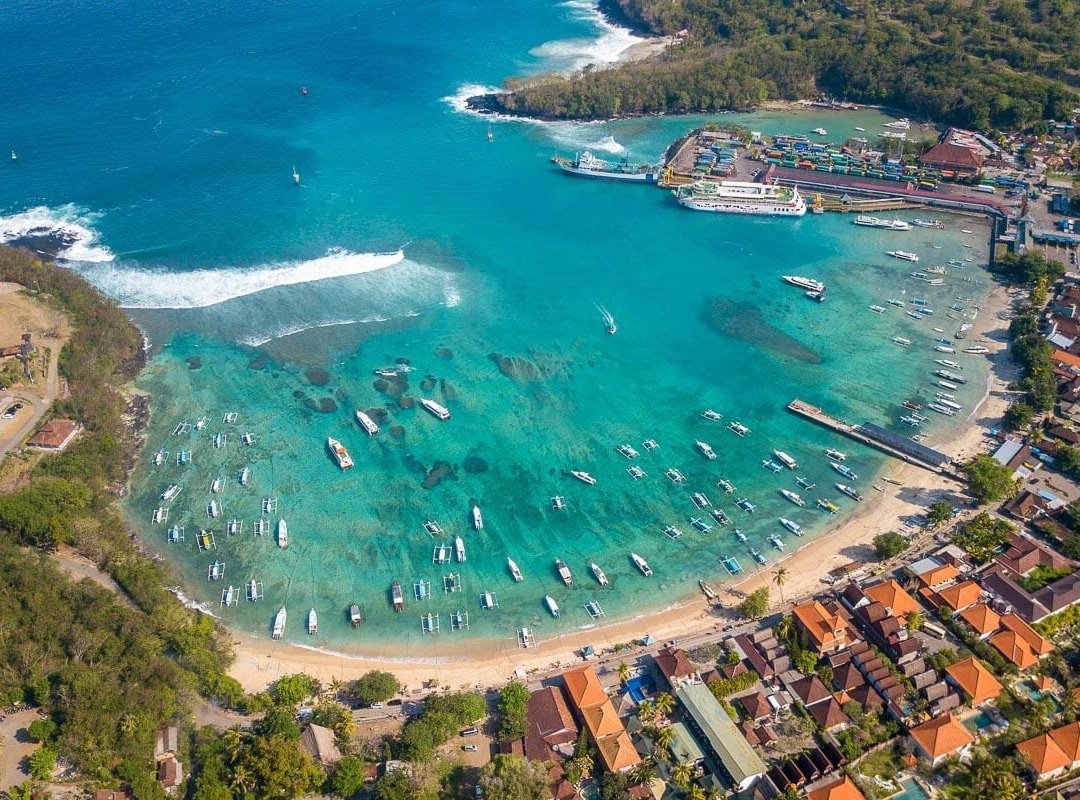 Aerial : Padang Bai Port area,popular destination to Nusa Dua island,Bali island,Indonesia